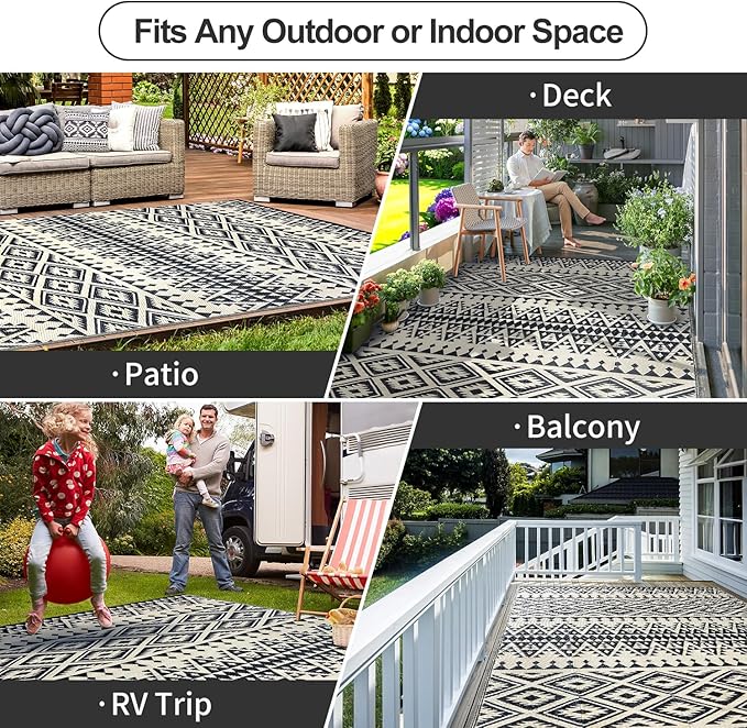 Waterproof Outdoor Rug 6x9ft, Bohemia Reversible Plastic Straw Mat for Patio RV Deck Porch Backyard Balcony Camping Picnic Beach Indoor Outdoor Carpet, Black&Beige