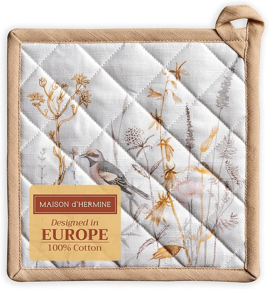 Maison d' Hermine Pot Holders 100% Cotton Heat Resistant Potholders 8" x 8" Hot Pads with Loop BBQ, Cooking, Grilling, Kitchen, Handling Hot Pans Spring/Summer (Pack of 1, Meadow Florals - Beige)