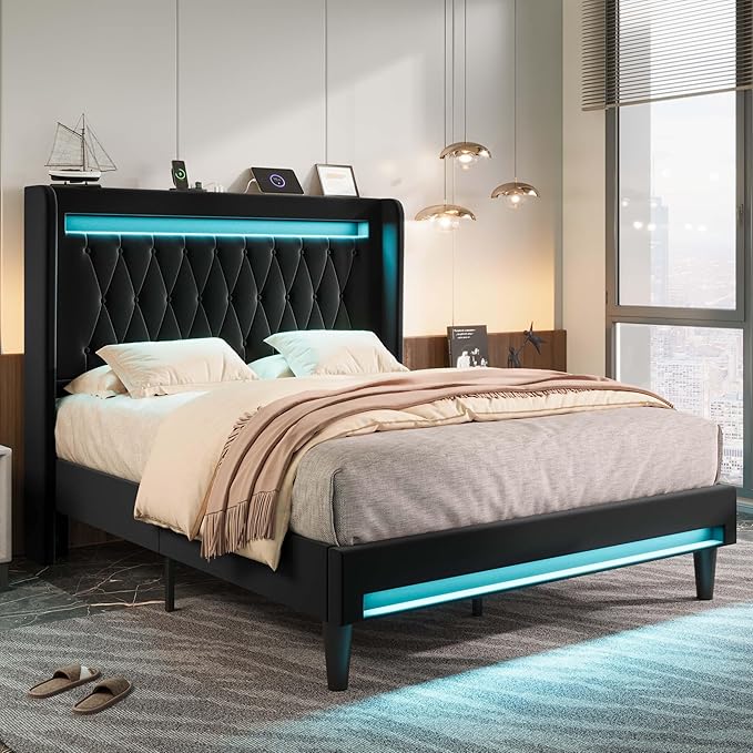 Allewie Upholstered Full Size Platform Bed Frame with LED Light and Charging Station, Button Tufted High Headboard, Wingback Design, Noise Free, Easy Assembly, No Box Spring Needed, Black