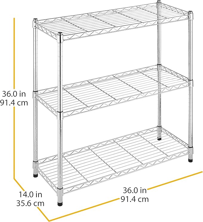Whitmor 3 Tier Shelving Unit, Metal Storage Shelves, 400 lbs Capacity per Shelf, 1200 lbs Total, Durable Heavy Duty Shelf for Kitchen, Garage, Plant, 36"L x 14"W x 36"H, Chrome