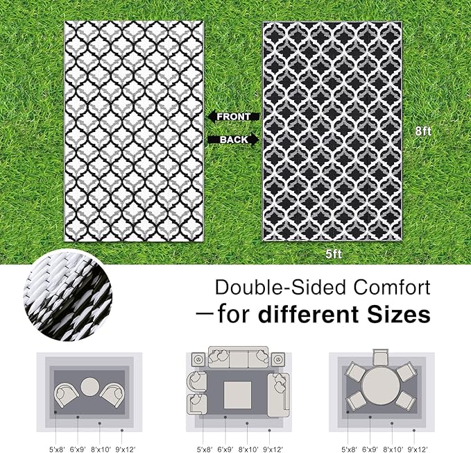 OLANLY Reversible Outdoor Rug 5x8 ft Clearance, Waterproof Outdoor Plastic Straw Rug with Interlacing Pattern, RV Mat for Patio, Camping, Balcony, Deck, Backyard, Black & White