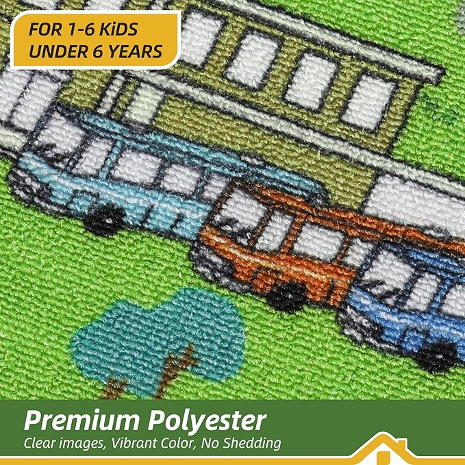 BEQHAUSE Kids Play Mat, Green City Map Race Track Children Rugs Great for Playing with Cars, 32”x60” Play Area Rug Road Rugs for Kids Bedroom, Toddler Classroom and Baby Playroom