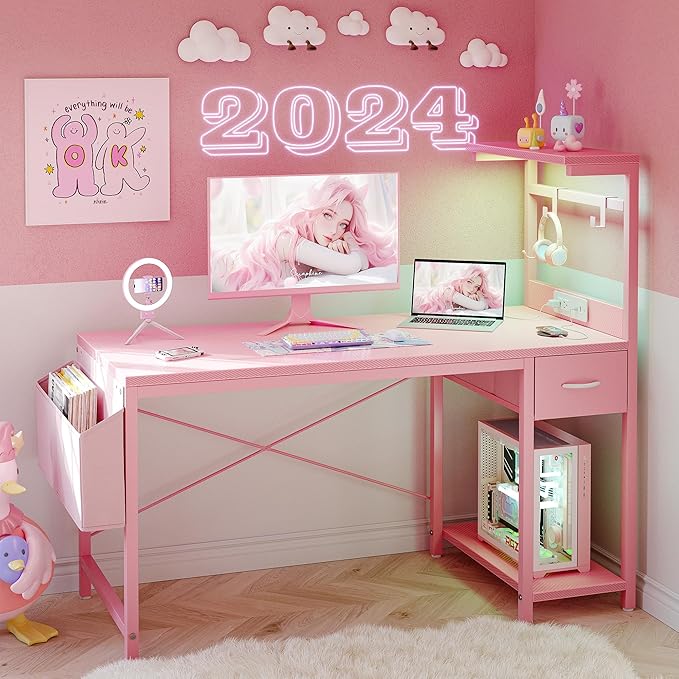 TIQLAB Gaming Desk 55 inch with Power Outlet and LED Light, Computer Desk with Reversible Shelves and Storage Drawer, Small PC Desk for Home Office Table with Bag, Carbon Fiber Pink