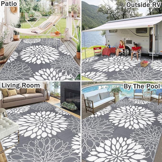 Ileading Reversible Outdoor Rug 6x9Ft Waterproof Patio Rug Carpet Portable Outdoor Plastic Straw Rug Large RV Camping Mat Rug for Patio, Clearance, Deck, Beach, Porch, Camping, Picnic, Flower Grey
