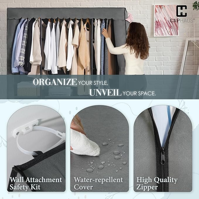 CAPHAUS 44-Inch Clothing Rack with Cover, Portable Closet Wardrobe, Covered Garment Rack for Hanging Clothes, 230LB Capacity Heavy-Duty Metal Frame Clothes Organizer Rack with Storage Shelves