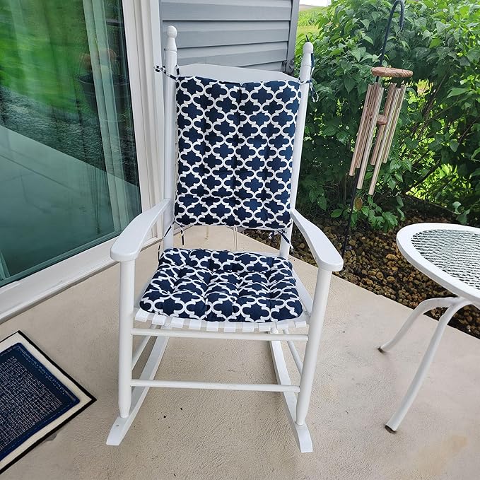 Fulton Navy Porch Rocker Cushion Set - Extra-Large - Indoor-Outdoor: Fade Resistant, Weatherproof - Latex Foam Filled Rocking Chair Seat Cushion & Backrest Pad Set - Made in USA (Blue Quatrefoil)