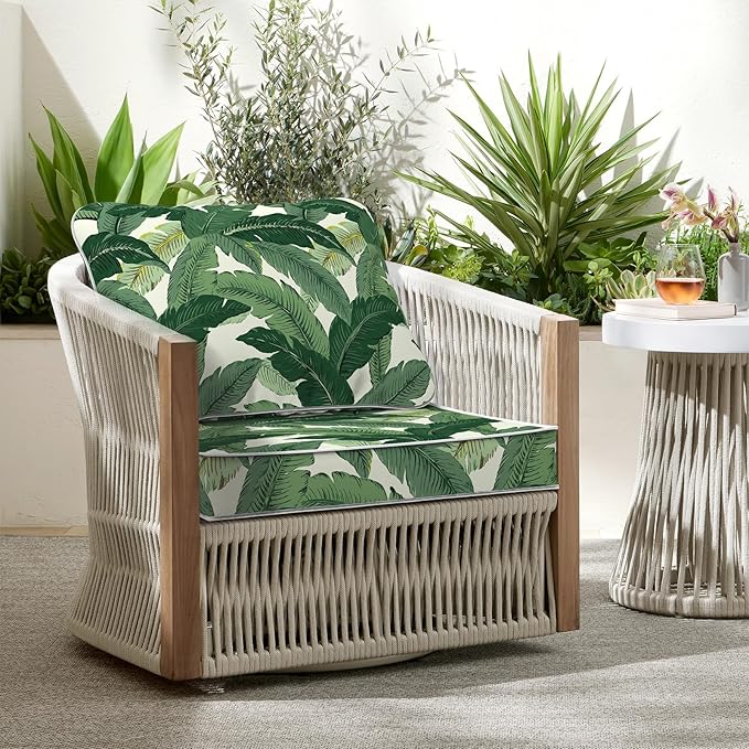 Outdoor Deep Seat Cushions Set 24 x 24 Inch for Patio Furniture,Water Resistant Chair Cushions Replacement Includes Seat Cushion & Back Pillow for Sofa, Wicker Chair - Swaying Palms Green