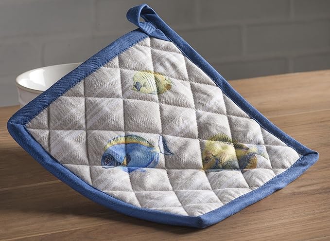 Maison d' Hermine Pot Holders 100% Cotton Heat Resistant Potholders 8" x 8" Hot Pads with Loop BBQ, Cooking, Baking, Grilling, Kitchen, Handling Hot Pans Spring/Summer (Pack of 1, Poisson)