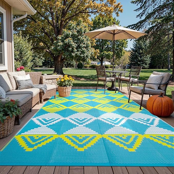 Beeiva Outdoor Rugs 8x10 Waterproof, Modern Geometric Reversible Plastic Straw Patio Mat, Large Foldable Outside Rug for Camping, Porch, Deck, Backyard, Balcony, Picnic - Blue & Yellow