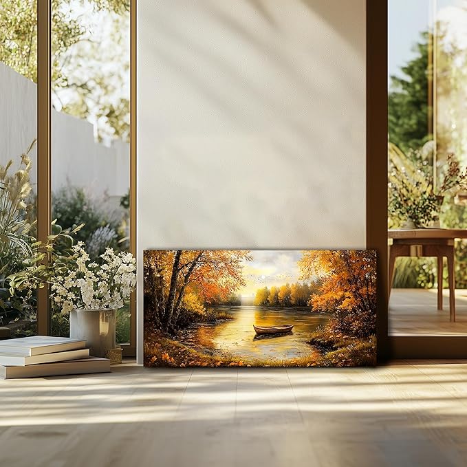 SERIMINO Fall Landscape Large Canvas Wall Art Living Room, Lake Boat Forest Art Prints, Autumn Scenery Nature Decor Pictures, Rustic Gold Paintings Wall Decor Bedroom, Office Decoration 24"X48"