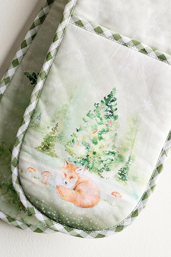 Maison d' Hermine Double Oven Mitt (7" x 35") 100% Cotton Heat Resistant BBQ Cooking Gloves with Loop for Thanksgiving Christmas Decorations Baking Cooking Barbeque Handling Hot Pan (Winter Mornings)