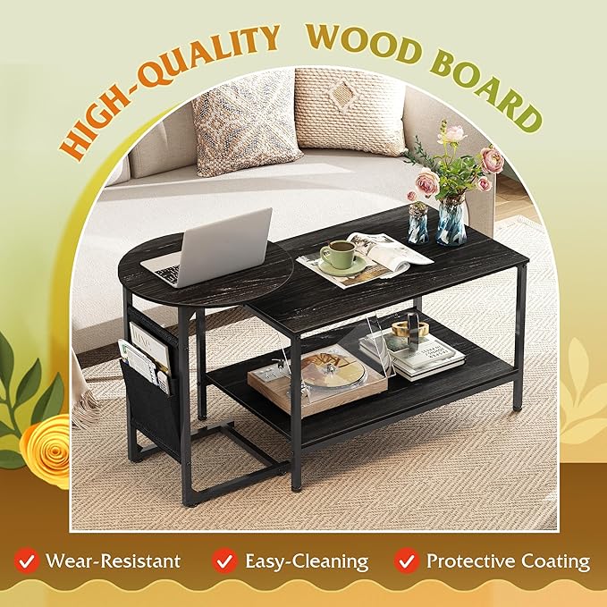 WLIVE Coffee Table, 31.3" and 18.7" Small Coffee Tables for Living Room, Modern Center Table and Side Table Set with Storage Side Pouch for Bedroom, Apartment, Charcoal Black