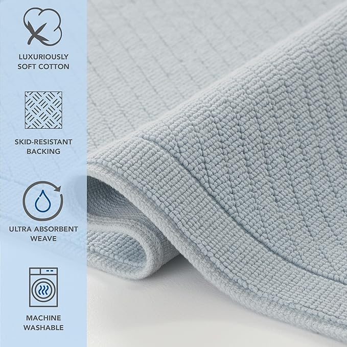 Arkwright 100% Cotton Bathroom Rug - High Absorbent Stylish Textured Woven Design Bath Mat, Slip Resistant Backing for Shower and Bathtub Floor, 24x36 in - Blue