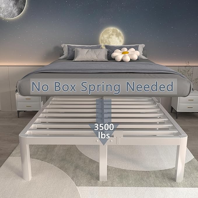 ITIMIDI 14 Inch White Queen Bed Frame with Round Corner Legs, Metal White Queen Platform Bed Frames, Storage Space, No Box Spring Needed, Heavy Duty Steel Support 3500 LBS, Noiseless, Easy Assembly