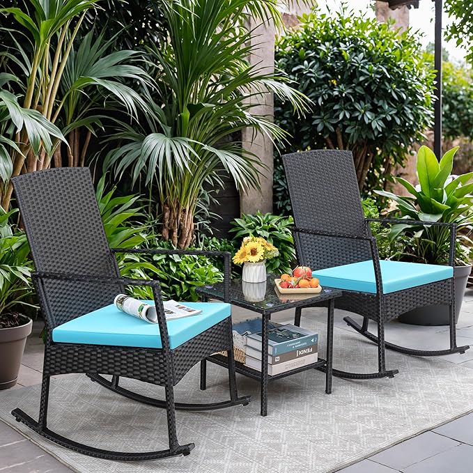 Greesum 3 Pieces Patio Furniture Set Outdoor Wicker Rocking Chairs with Glass Coffee Table for Garden Backyard Porch Poolside, Blue