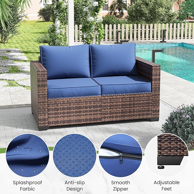 Amopatio Patio Loveseat, Outdoor Furniture 2-Seat Wicker Porch Furniture Outdoor Couch Sofa with Water-Resistant Cover & Non-Slip Cushions, Premium Patio Set, Blue