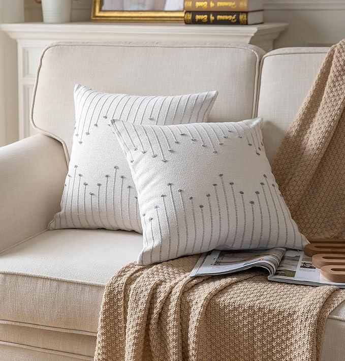 Caflife Boho Throw Pillow Covers 18x18 Set of 2 Decorative Pillows for Bed, Neutral Pillow Covers Beige with Grey Line Throw Pillows for Modern Farmhouse Couch Sofa Living Room Outdoor