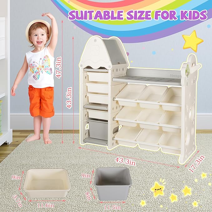 Kids Toy Storage Organizer with 14 Removable Toy Bins, 4-Tier Toy Organizers, Kids Bookshelf and Toy Storage for Playroom, Bedroom, Kids Room, Classroom