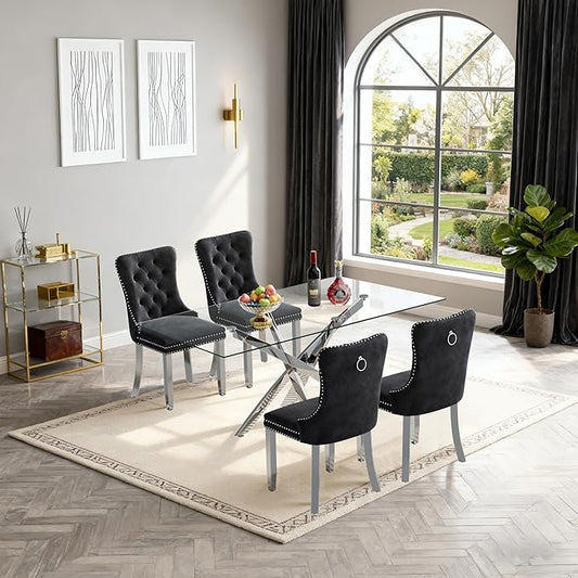 Goujxcy 51" Glass Dining Table Set for 4, Modern Kitchen Table and Chairs Set w/Steel Legs, 5-Piece Dining Table Set w/Glass Silver Dining Table and 4 Black Velvet Chairs for Kitchen Dining Room
