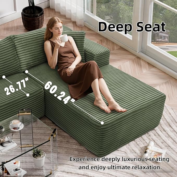 105" Cloud Sectional Couch with L-Shape Chaise,Modern Modular Sofa with Deep Seat, Fluffy Boneless Couches for Living Room Bedroom,No Assembly Required, Green (Plush Flannel Fabric)