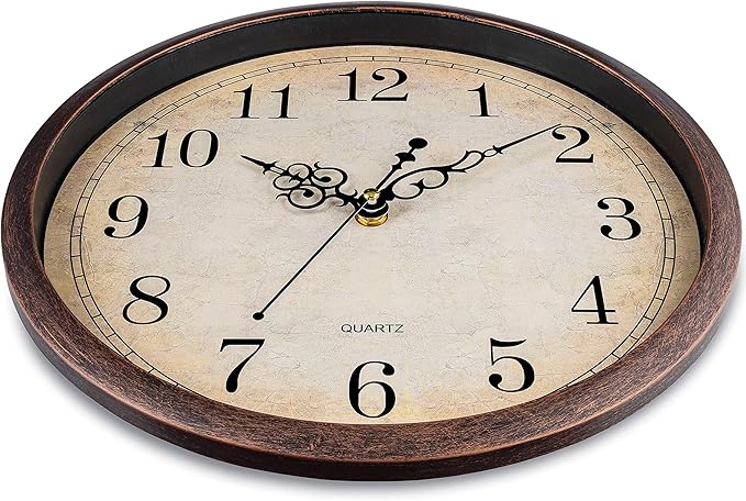Bernhard Products Vintage Brown Wall Clock Silent Non Ticking 12 Inch Quality Quartz Battery Operated Round Decorative Easy to Read for Home Kitchen Living/Dining Room Bedroom Office Classroom School