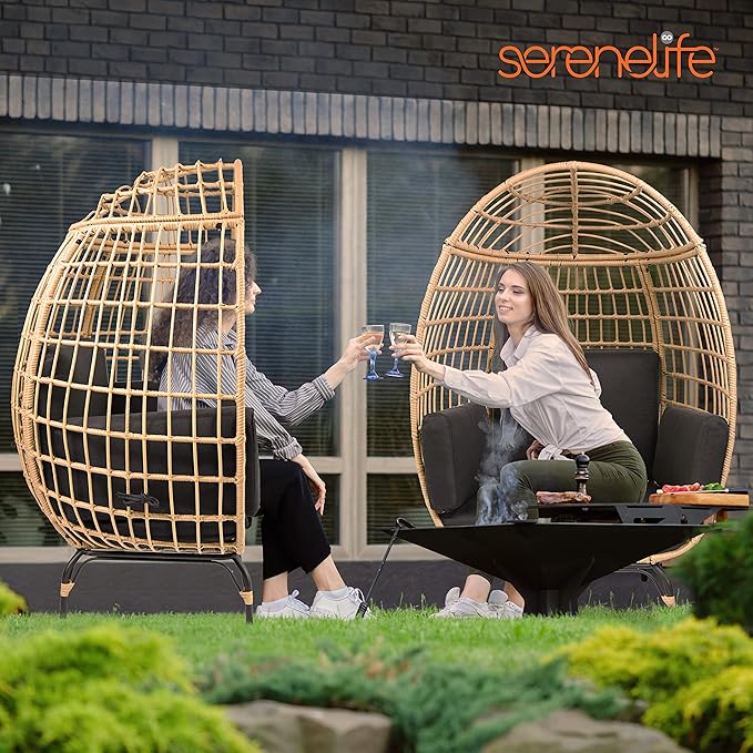 SereneLife Jovial Wicker Rattan Egg Chair,Indoor Outdoor Black Sofa Chair for Patio Backyard and Living Room with 4 Cushions and Powder Coated Steel Frame,Woven Texture Contemporary Ribbed Back Design