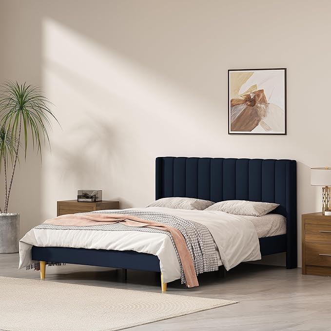 Queen Size Upholstered Platform Bed Frame with Modern Wingback & Vertical Panel Headboard, Linen Fabric, Wooden Legs & Slats Support, No Box Spring Needed, Noise-Free & Easy Assembly, Dark Blue