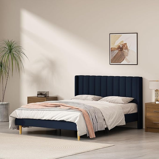 Queen Size Upholstered Platform Bed Frame with Modern Wingback & Vertical Panel Headboard, Linen Fabric, Wooden Legs & Slats Support, No Box Spring Needed, Noise-Free & Easy Assembly, Dark Blue