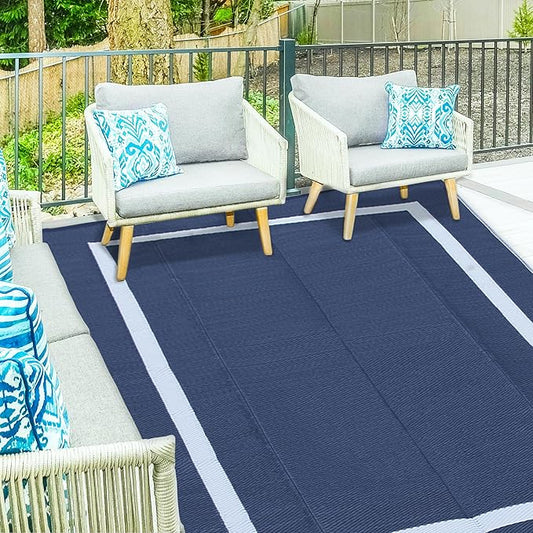 Ogrmar 9x12 FT Reversible Mats, Outdoor Rug for Patio Clearance, Waterproof Carpet, Plastic Straw Rug for Indoor Outdoor, Floor Mat&Rug for RV Porch Camping Backyard Deck Balcony Beach Trailer (Blue)