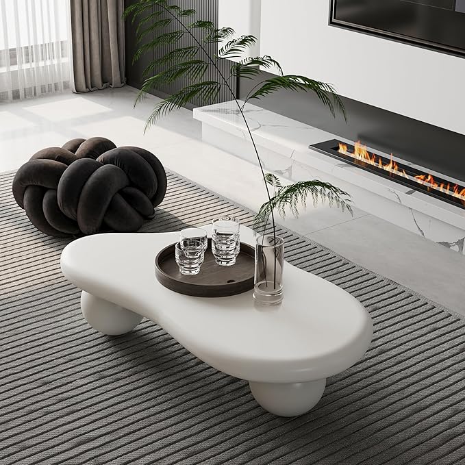 40 Inch Cloud Shaped Coffee Table with 3 Ball Legs for Living Room Cream White