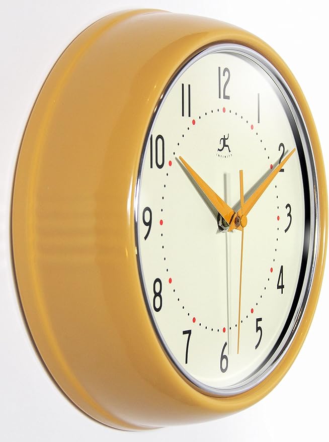 Infinity Instruments Retro 9 inch Silent Sweep Non-Ticking Mid Century Modern Kitchen Diner Wall Clock Quartz Movement Retro Wall Clock Decorative (Saffron Yellow)