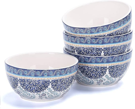 Bico Blue Talavera Cereal Bowls Set of 4, 26 oz Deep Ceramic Soup Bowls for Cereal, Salad, Noodles, Kitchen, Microwave and Dishwasher Safe, Gift for Housewarming and Thanksgiving