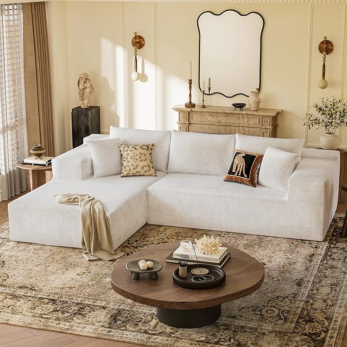 YESHOMY Sectional Couch, 108" Boneless Couches for Living Room, Modular Sectional Sofa with Deep Seat, Cloud Comfy Couch with L-Shape Chaise, No Assembly Required (Chenille, Pearl Cream)