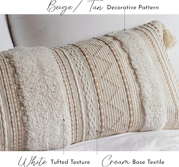 Cream Decorative Lumbar Throw Pillow Cover 14x36 Boho Long Cushion for Bed Neutral Accent Farmhouse Pillowcase for Bedroom Living Room Couch Sofa Home Décor (Cover ONLY, Pack of 1)