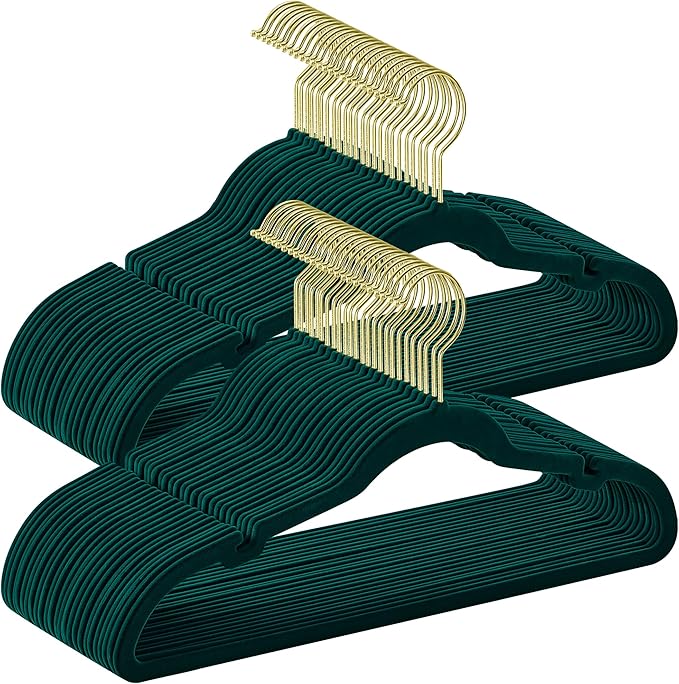 SONGMICS Velvet Hangers 50 Pack, Non-Slip Clothes Hangers, Suit Hangers with Shoulder Notches, Pants Bar, 360° Swivel Hook, Space-Saving, for Closet, Forest Green UCRF029C05
