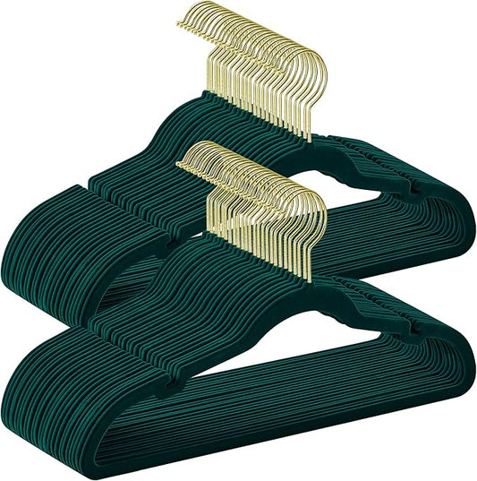 SONGMICS Velvet Hangers 50 Pack, Non-Slip Clothes Hangers, Suit Hangers with Shoulder Notches, Pants Bar, 360° Swivel Hook, Space-Saving, for Closet, Forest Green UCRF029C05