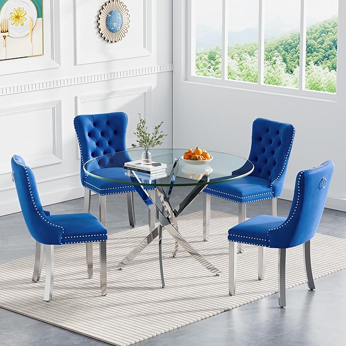 Goujxcy 5 Piece Round Glass Dining Table Set for 4, 36" Round Dining Table & Chair Set Modern Circle Glass Kitchen Table and 4 Velvet Upholstered Chairs for Kitchen Dining (Silver Table & Blue Chair)