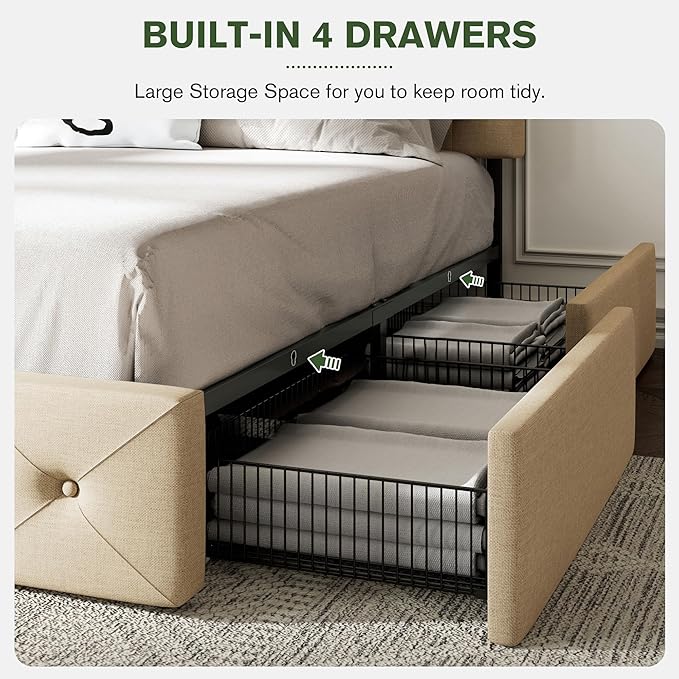 MUTICOR Full Size Bed Frame with 4 Storage Drawers, Upholstered Platform Bed with Button Tufted Adjustable Headboard, No Box Spring Needed, Easy Assembly, Diamond Tufted, Beige Fabric