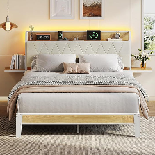 WLIVE Queen Size Upholstered Bed Frame with 2 Side Shelves, Linen Tufted Storage Headboard with Charging Ports and LED Light, Metal Solid and Stable, No Box Spring Needed, Easy Assembly, Beige