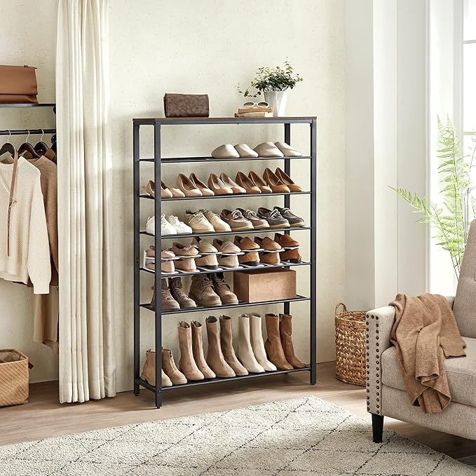 VASAGLE 8 Tier Shoe Rack, Shoe Organizer for Closet, Entryway, 32-40 Pairs of Shoes, Large Shoe Rack Organizer with 7 Metal Mesh Shelves, 11.8 x 39.4 x 59.8 Inches, Rustic Brown and Black ULBS012B01