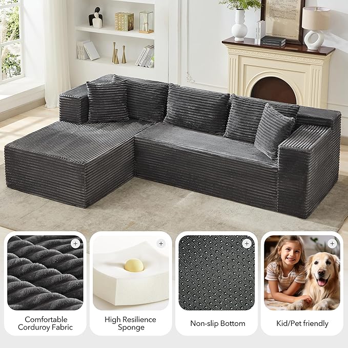 106” Modular Sectional Sofa, Cloud Sectional Couch with Deep Seat, Modern Modular L-Shape Sofa Couch with Chaise,Upholstered Couches for Living Room Bedroom（Grey）