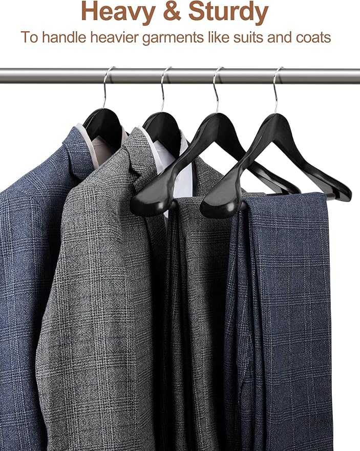 HOUSE DAY High-Grade Suit Hangers, Wide Shoulder Wooden Hangers with Non Slip Pants Bar, Smooth Finish 360° Swivel Hook Solid Wood Coat Hangers for Dress, Jacket, Heavy Clothes Hanger 6 Pack (Black)