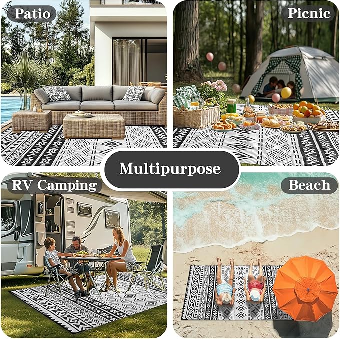 Wallona Outdoor Rugs 9x12 ft Patio Waterproof Clearance Indoor Outdoor Large Carpet for Patio Plastic Straw Reversible Area Rugs Mat for RV, Camping, Balcony, Beach, Picnic, Porch, Boho Black & White