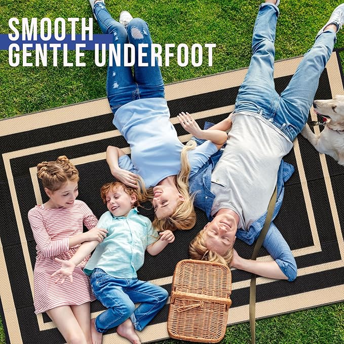 OLANLY Outdoor Rug 9x12 ft Waterproof, Reversible Outdoor Plastic Straw Rug, RV Mat, Indoor Outdoor Carpet Clearance for Patio, Camping, Balcony, Deck, Backyard, Black & Beige