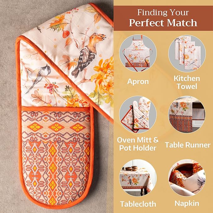 Maison d' Hermine Double Oven Mitt (7" x 35") 100% Cotton Heat Resistant BBQ Cooking Gloves with Loop for Thanksgiving Christmas Decorations Baking Cooking Barbeque Handling Hot Pan (Kelim - Prairie)