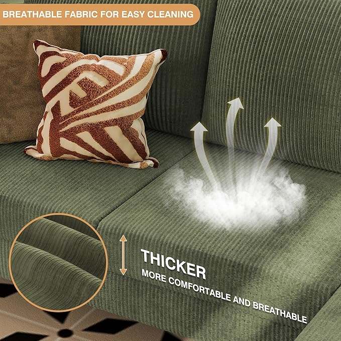 VICTONE Convertible Sectional Sofa Couch, 3 Seat L-Shaped Sofa with Linen Fabric Ottoman Small Couch for Small Apartments, Living Room and Office (Corduroy, Green)