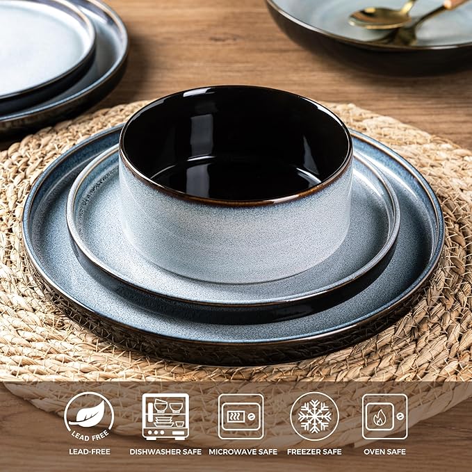 LERATIO Ceramic Dinnerware Sets for 4,Round Reactive Glaze Ceramic Plates and Bowls Set,Highly Chip and Crack Resistant | Dishwasher & Microwave Safe Dishes Set,Service for 4 (12pc)-Gray White