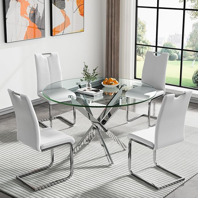 Goujxcy Round Dining Table Set for 4, Modern Glass Kitchen Table and Chairs Set of 4, 5 Piece Dining Room Table Set with 47" Circle Silver Metal Glass Dinner Table and 4 White Leather Dining Chairs