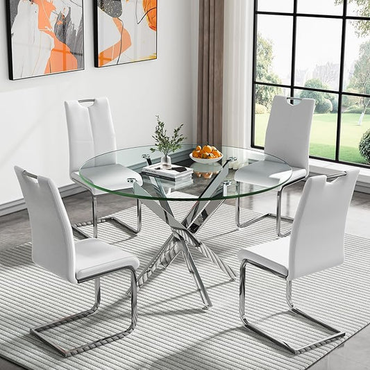 Goujxcy Round Dining Table Set for 4, Modern Glass Kitchen Table and Chairs Set of 4, 5 Piece Dining Room Table Set with 47" Circle Silver Metal Glass Dinner Table and 4 White Leather Dining Chairs