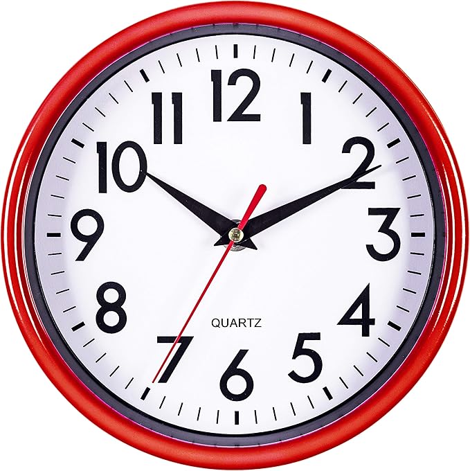 Bernhard Products Red Wall Clock 8" Retro Kitchen Silent Non-Ticking Quality Quartz Battery Operated Round Clock for Office Classroom Bedroom Bathroom Easy to Read